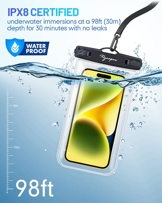 Waterproof Phone Pouch Bag - 7.5in Water Proof Cell Phone Case for Beach Travel Must Haves, IPX8 Dry Bag with Lanyard for iPhone 16 15 Pro Max Galaxy S25 Ultra Pixel 7a, Cruise Essentials 2025