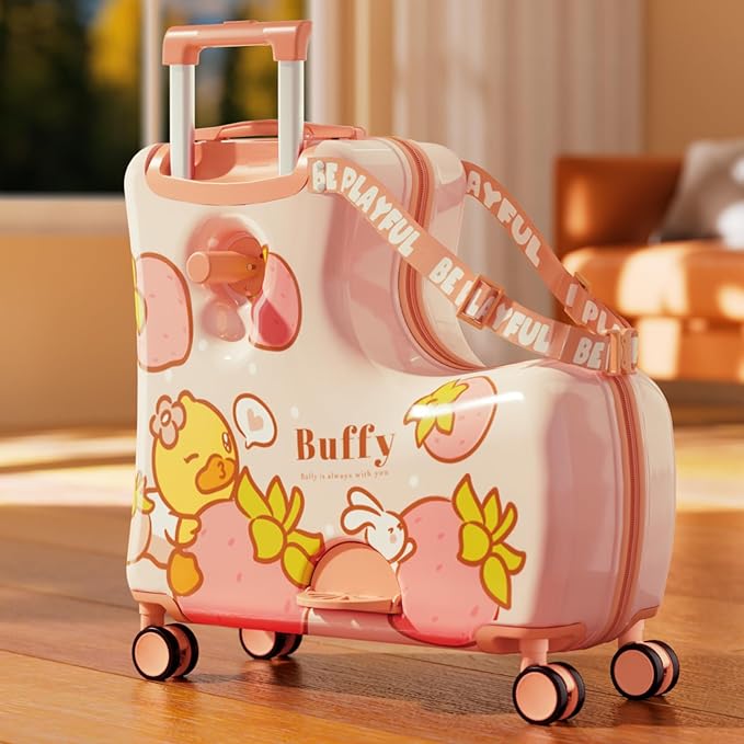 Kids' Lightweight Ride on Luggage with Spinner Wheels & Foldabe Design (Pink Strawberry, 20"+ Aged 1-3 Toddler)
