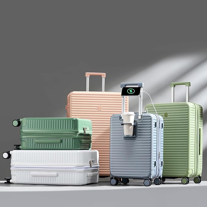 Hard Shell Suitcases Airline Approved 20 Inch Carry on Luggage with Wheels, Expandable Travel Luggage with Cup Holder Charger Built in Lightweight Small Suitcase, Silver