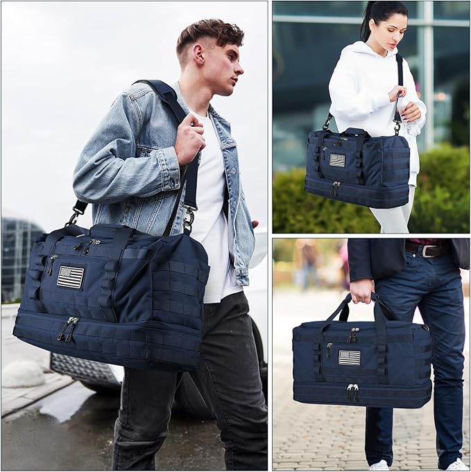 ETRONIK Travel Bag for Men Women, Gym Bag & Tactical Duffle Bags for Travel, Carry on with Toiletry Bag and Shoe Compartment, Weekender Overnight Trip with Wet Pocket for Workout Medical, Blue