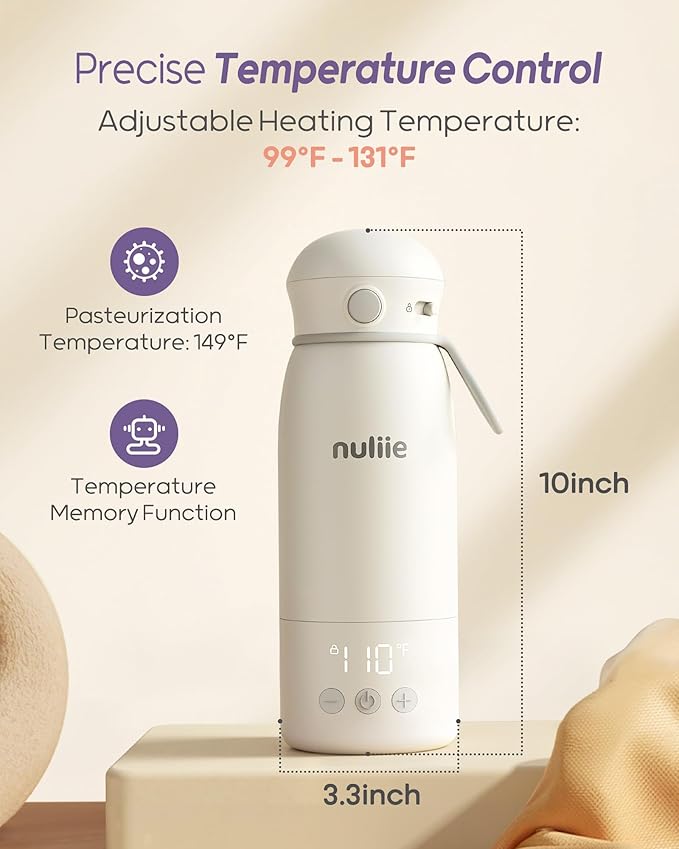 Nuliie Portable Milk Warmer for Travel, Double Leak‑Proof, Heating Milk & Water Faster, Cordless Bottle Warmer with Fast Charging, Anti-Dry & Anti-Burn Protection for All Day Needs, 17oz