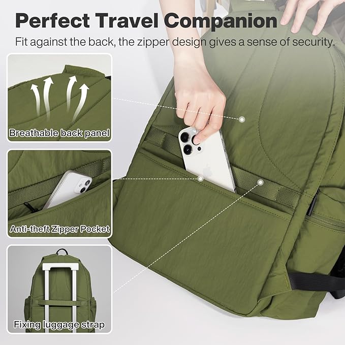 mixi Outdoor Lightweight Backpack Casual Carry On Laptop Backpack Travel Bookbag for Women Men, Water Resistant Durable Small Hiking Bag for Camping Weekender Sports College Work, 15 Inch Jungle Green