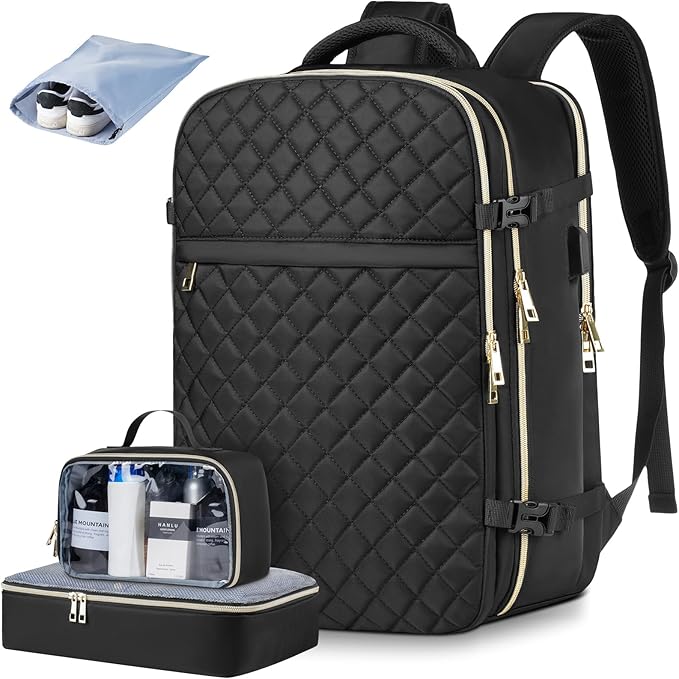 MOMUVO Travel Backpack for Women, Carry On Backpack Airline Approved with 3 Packing Cubes, 15.6 Inch Laptop Backpack with USB Charging Port, Casual Daypack for Weekender Business College, Black