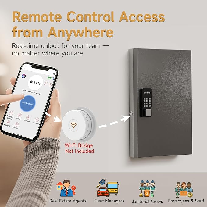 72 Key Cabinet Organizer,Metal Key Lock Box Wall Mount use OTP Technology Unlock,Fixed Password/Bluetooth Unlock, App Remotely Generates Pin Codes Without Internet,Great for Key Hook & Storage
