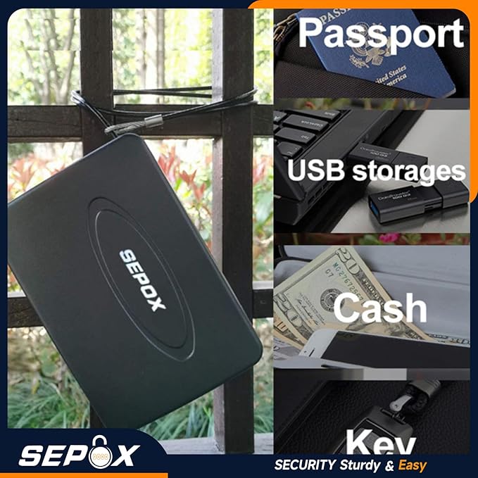 SEPOX® 2Pcs Water/Fire-Resistant Portable Security Case Lock Box Steel, Personal Travel Safe Storage Cabinet for Small Item, 3-Ft Cable, Ressetable Combination Lock for Dorm, Car, Sports, Office