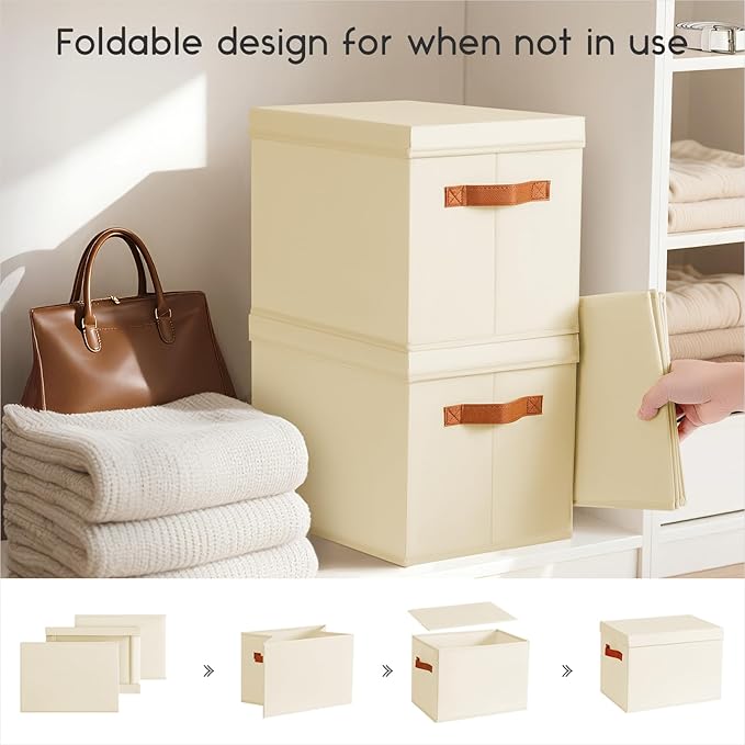 Storage Bins with Lids - Large Fabric Closet Bins with Lid, 8 Pack Clothes Organizers and Storage, Collapsible Stackable Cube Basket for Home, Office, Dorm, Beige