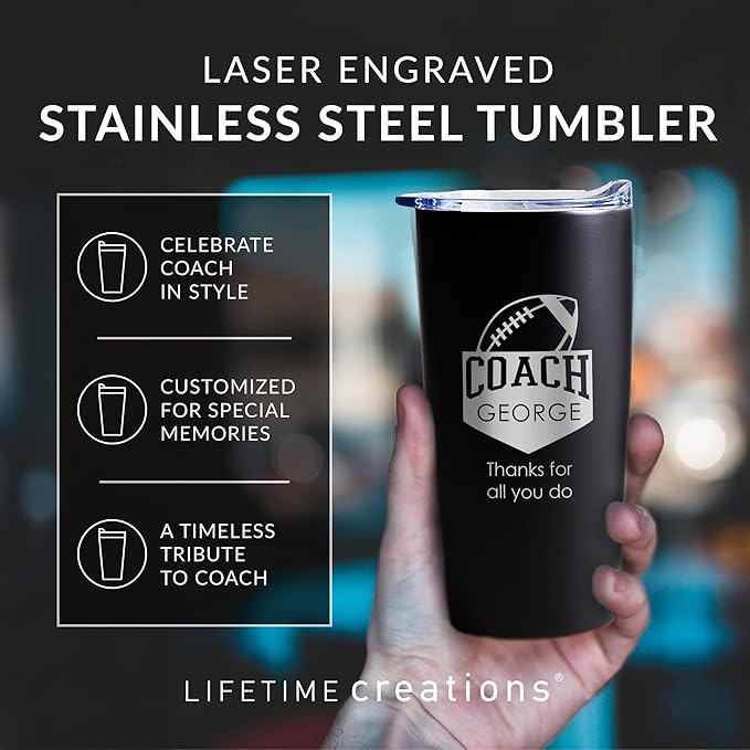 Lifetime Creations Personalized Football Coach Tumbler: Custom Football Coach Gift, Coaches Coffee Travel Mug from Team, Insulated Engraved Stainless Steel 20 Ounce Cup (White)