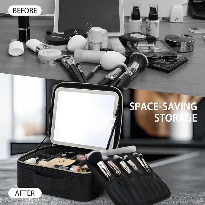 Makeup Bag with Led Mirror,Travel Makeup Organizer with 3 Color Setting, Portable Storage and Adjustable Dividers Travel Makeup Bag(Black)