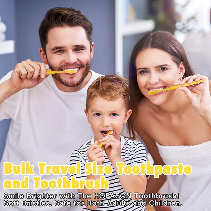HOFASON Disposable Toothbrushes with Toothpaste Pack of 300, Yellow Hollow Travel Toothbrush Set with 5g Toothpaste Individually Wrapped Toothpaste Bulk for Homeless, Nursing Home, Shelter, Hotel