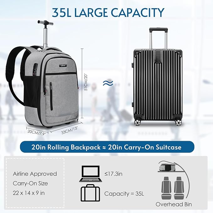 lychee Concealable Rolling Backpack-Adult Business Laptop Backpack with Wheels-20 inch Invisible Shoulder Strap Waterproof Backpack with Roller-Suitcase Travel Bag,Grey