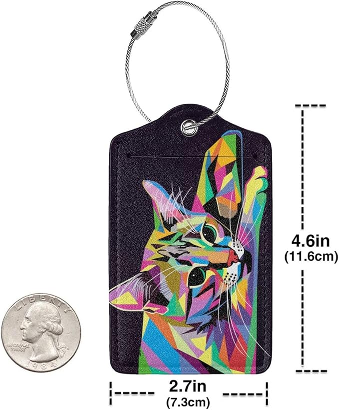 Cat Leather Luggage Tag with Stainless Steel Ring, Fun Name Id Card Cover Travel Bag Tag Set, Suitable for Travel Bag Luggage Women Men 4 PCS
