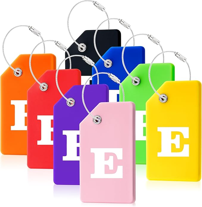 8 Pcs Luggage Tags for Suitcases, 26 Initial Letter Travel Luggage Baggage Identification Labels ID Tags Fully Bendable Tags with Stainless Steel Loop (Letter E, Colorful)