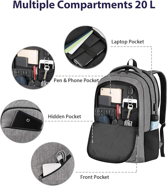 MATEIN 15.6 Inch Student Laptop Backpack, 20 L Airline Personal Item College School Book Bag with TSA Laptop Compartment, Water Resistant Work Commute Computer Backpack for Men Women, Grey
