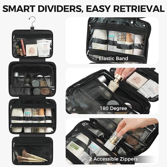Toiletry Bag For women,Portable Hanging Organizer,4 Leakproof Compartment for full-sized Conditioner, Brushes Set, Makeup Accessories,Visible and easy to access.L-black
