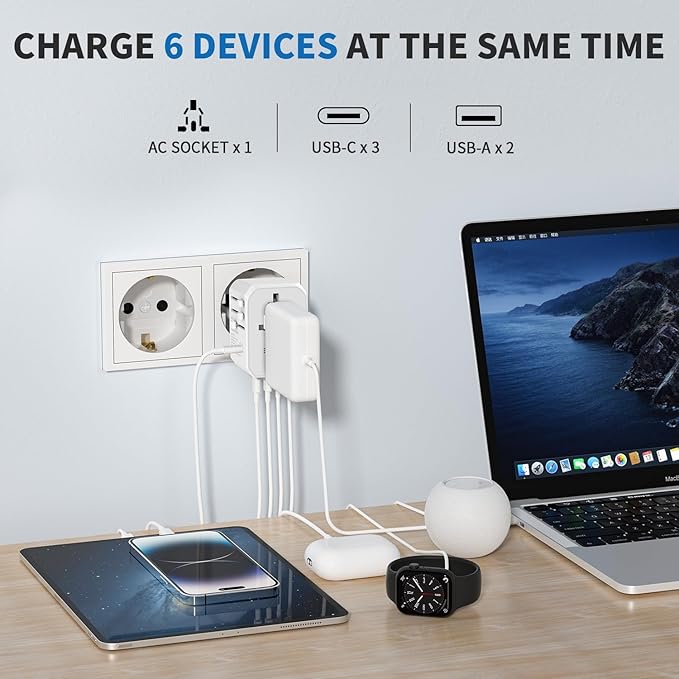 EPICKA Universal Travel Adapter, International Power Adapter with 2 USB-A & 3 USB-C Ports Wall Charger - Worldwide Travel Essentials, European Travel Plug Adapter for UK/US/AU (TA-105C, White)