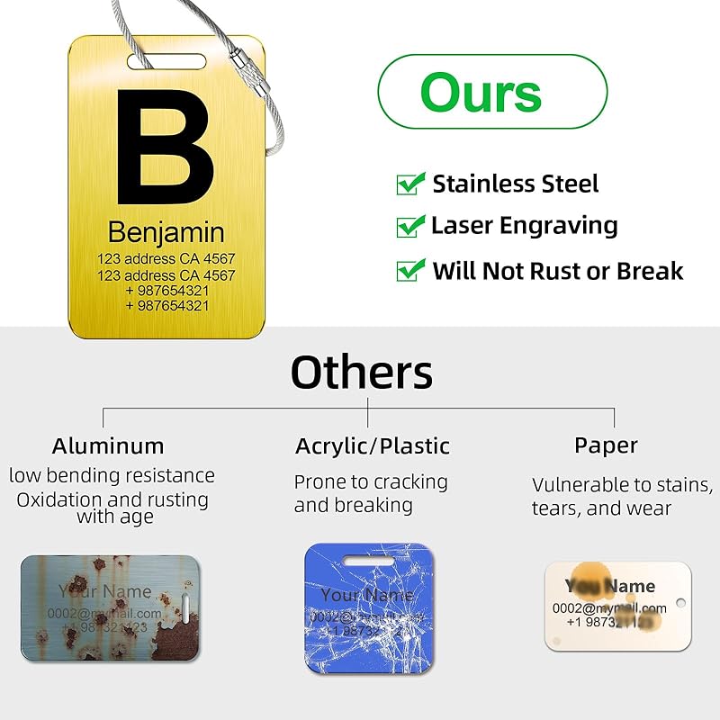 Customized Stainless Steel Luggage Tags: Personalize Your Suitcases, Backpacks, and Bags with Your Text - Custom Initial Text Name ID,Number 2"x3.3"(2 Pack)