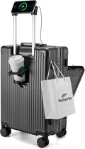feilario 24in Aluminium Frame PC Hard Shell Spinner Wheels Luggage, Built-In TSA lock Carry on Suitcase, with Cup Holder, USB Port, Phone Holder