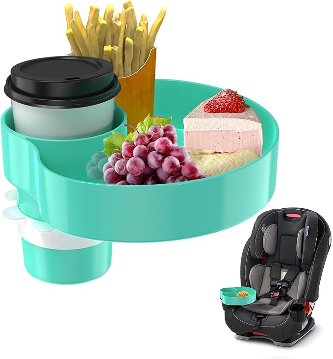 Kids Car Seat Tray, Travel Tray with Cup Holder for Toddler Baby, Kids Car Seat Food Snack Organizer for Road Trip, Stroller snack Organizer Travel Must Haves Toddler Must Haves (Cyanine, 1 PCS)