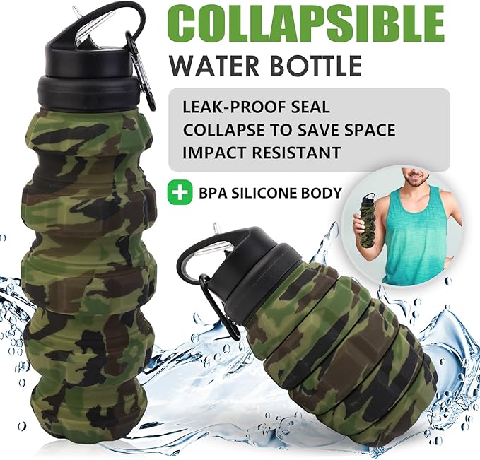 Collapsible Travel Water Bottle, Reuseable Silicone Foldable Water Bottles for Gym Camping Hiking, Portable Leak Proof Sports Water Army camouflage Bottle with rugby grenade Carabiner (Red)