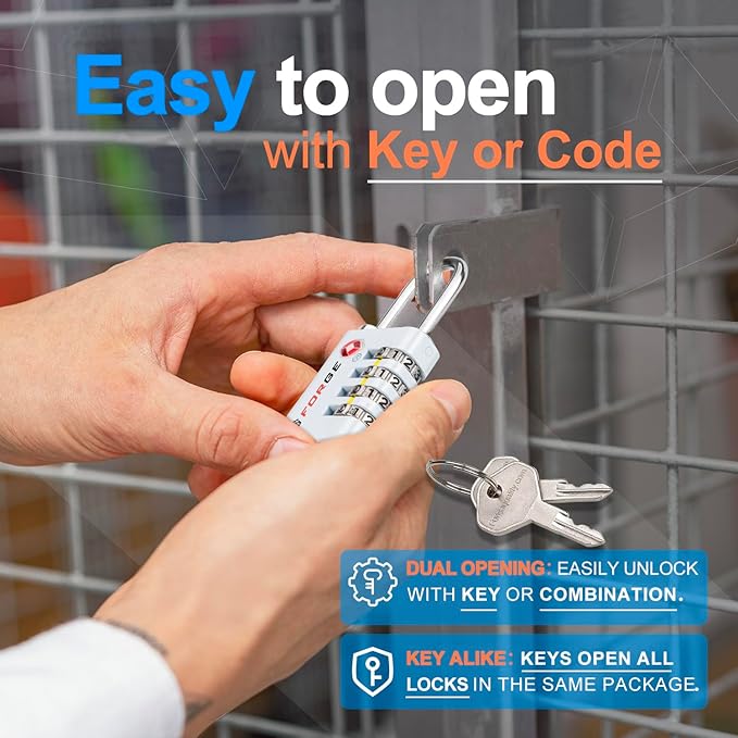 Forge Dual-Opening: Key or Combination Access Lock, TSA Approved Locks for Luggage, Pelican case, Travel, Gym, School, Stainless Steel Shackle. (Multi Color, 4 Pk)
