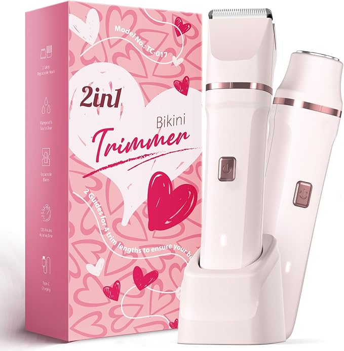 Bikini Trimmer for Women - Painless Electric Razors for Silk Skin,Cordless Body Shaver for Trip,Replaceable Lady Facial Razor, IPX7 Waterproof&Easy Cleaning, Ceramic Blade, USB Charge Dock Pink