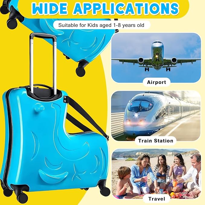 20" Kids Ride on Suitcase,Childrens Ride on Luggage with Safety Belt,Trolley Suitcase with Silent Wheel Combination Lock,Suitable for Kids Aged 1-8 Years Old (Blue)