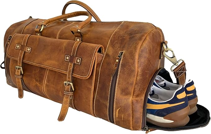 KomalC Leather Duffel Bags for Men and Women Full Grain Leather Travel Overnight Weekend Leather Bags Sports Gym Duffel for Men (Tan, 24 Inch)