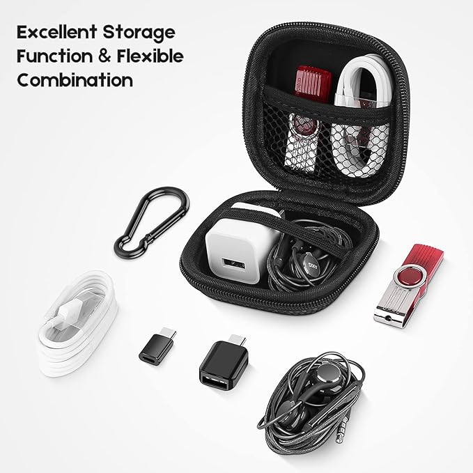 Earbud Case Hard EVA Earphone Carrying Case Cell Phone Accessories Storage Bag with Carabiner for Airpods Headset Earphone Flash Drive Charging Cable Key Wall Charger USB Adapter Cable (Black 2Pack)