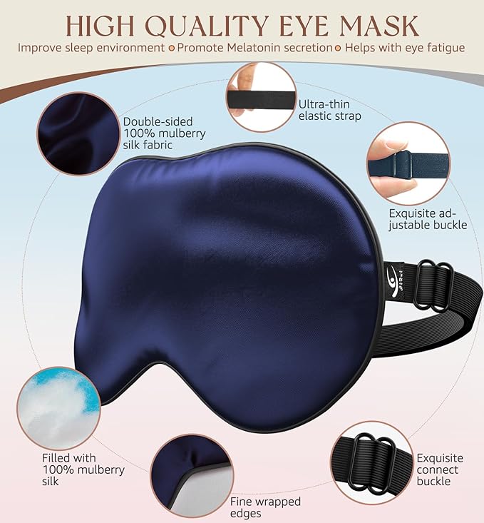 HiRui Silk Sleep Mask, 100% Natural Mulberry Silk of Double-Sided & Inner-Filling, Ultra-Smooth Soft, Adjustable Strap, Blocks Light for Night Sleeping, Travel, Office Naps (Navy Blue)