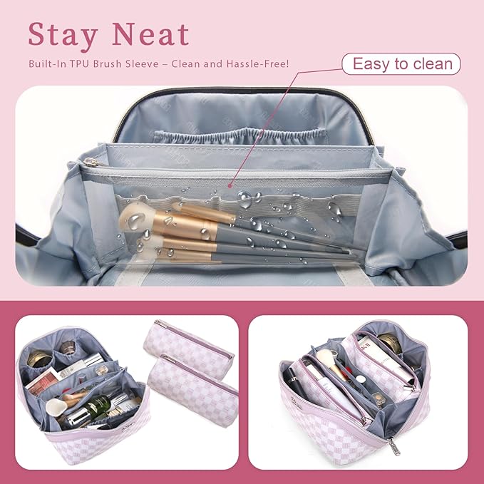 BOYATU Travel Makeup Bag Cosmetic Bags for Women: 3 Pcs Set Portable Make up Bag with Handle - Vegan Leather Toiletry Bags with Compartments - Makeup Organizer for Travel Essentials(02-Purple)