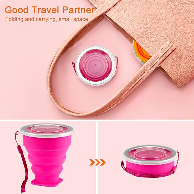 Collapsible Cups for Travel - Portable Silicone Foldable Cup with Lid, Reusable Collapsible Drinking Cup for Camping, Hiking, and Daily Use - Compact, Leak-Proof, and Sturdy Collapsible Water Cup