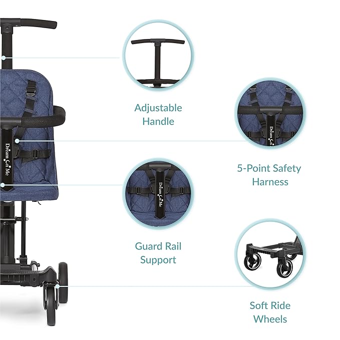 Dream On Me Lightweight and Compact Coast Rider Stroller with One Hand Easy Fold, Adjustable Handles and Soft Ride Wheels, Navy