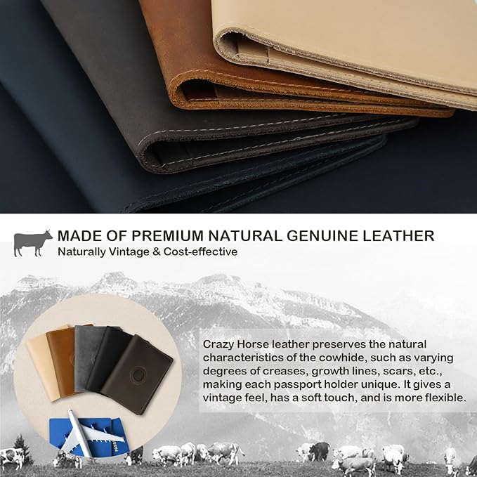 Airtag Passport Holder for Men and Women Travel, Real Leather Passport Wallet, Handmade Passport Cover Case with Airtag Slot, Travel Must Haves Essentials Accessories Birthday Gifts(Crazy Horse, Gray)