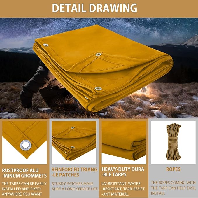 FoundGo 20x24ft Canvas Tarp 22 Mil Tarps 14 oz Canvas Tarpaulin Heavy Duty Cloth Water/UV Resistant Cover with Rustproof Grommets & Ropes for Cars,Roofs,Boats,Camps,Sunshades，Moisture Barrier -Tan