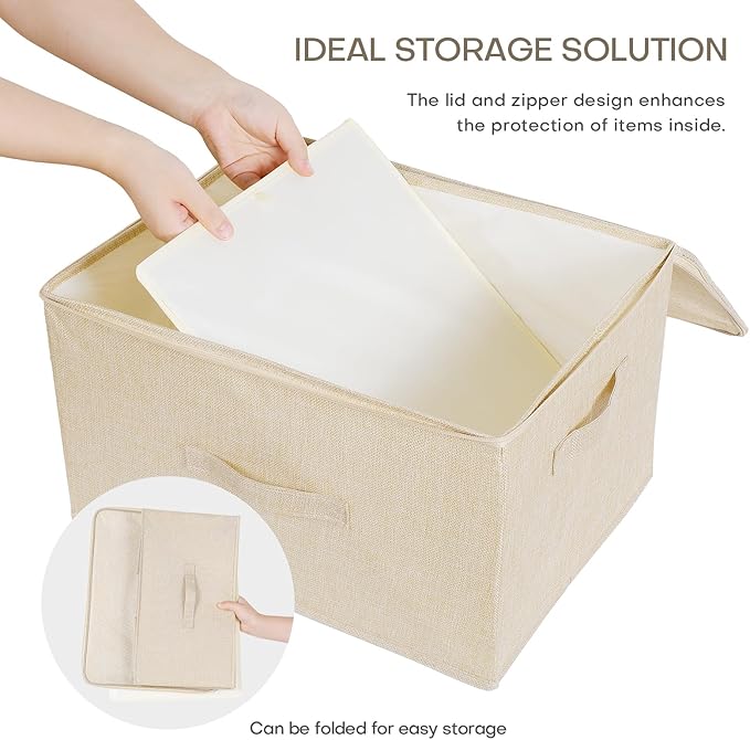 ANMINY Storage Bins with Zipper Lids 51.9 Qt Lidded Fabric Storage Boxes Baskets Cubes with Handles Collapsible Washable Cotton Linen Closet Shelf Clothes Organizer - Beige, Extra Large