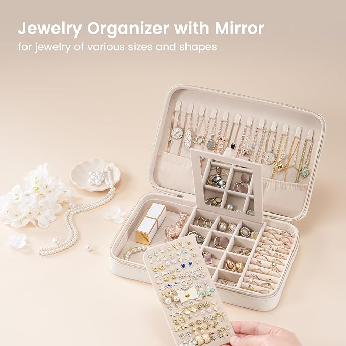 Lolalet Travel Jewelry Case for Women, Travel Jewelry Organizer Box with Mirror & Clear Storage Bag, Small Portable Traveling Earring Necklace Bracelet Ring Case, Bridesmaid Gifts -Large, White