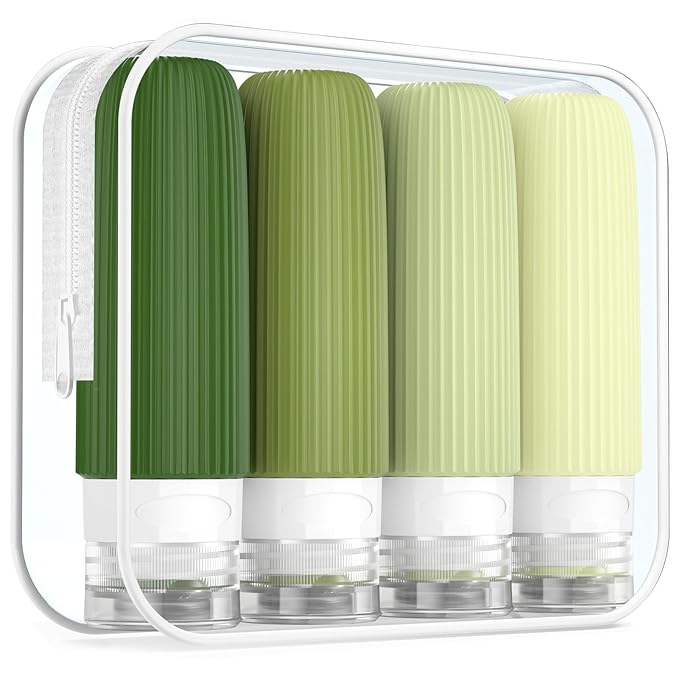 Travel Bottles for Toiletries, Tsa Approved 3oz Portable Travel Bottles, BPA Free Leak Proof Squeezable Silicone Travel Size Containers, Travel Accessories with Clear Toiletry Bag (4 Pack)