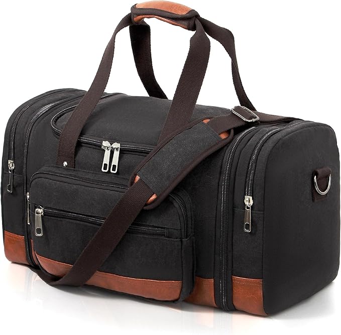 Men'S Duffle Bag For Travel, Expandable Canvas Duffel Bags Overnight Weekend Gym Carry On Luggage Bag For Men(Black)
