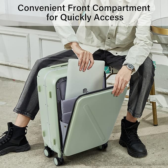 MILADA Wide Handle Carry On Luggage with Front Pocket Hardshell 20 Inch Front Opening Luggage with Spinner Wheels TSA Lock Aluminium Suitcase Airline Approved Carry-On Travel Luggage, Bamboo Green