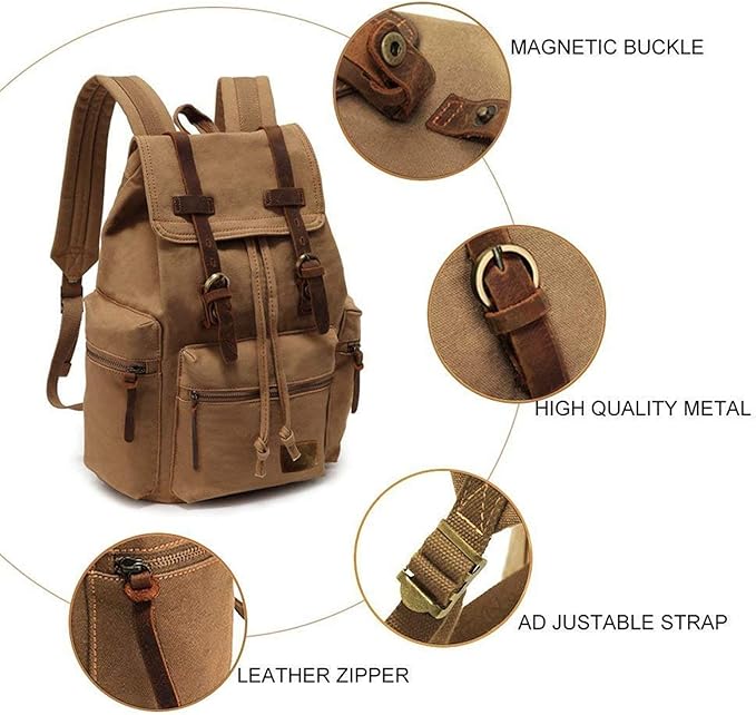 AUGUR High Capacity Canvas Vintage Backpack - for Hiking Travel 12-15.6" Laptop Backapcks for Men Casual Daypacks Rucksack(L-Khaki)