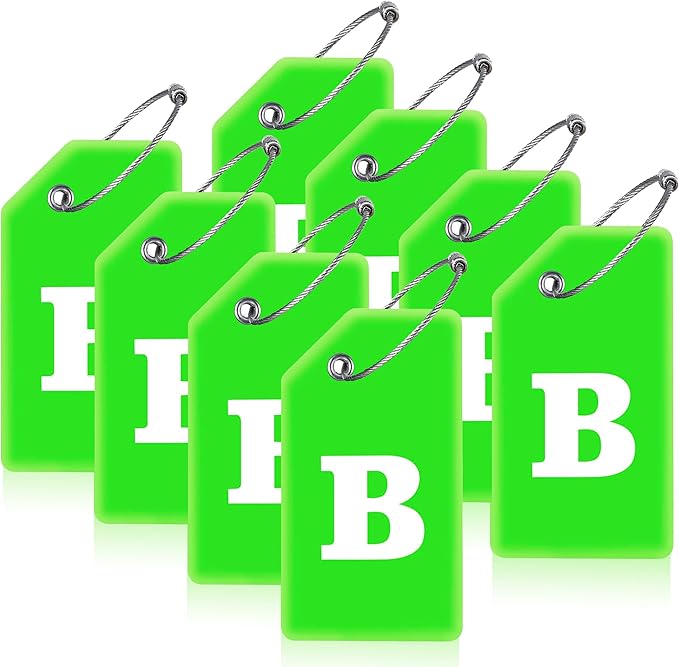8 Pcs Luggage Tags for Suitcases, 26 Initial Letter Travel Luggage Baggage Identification Labels ID Tags Fully Bendable Tags with Stainless Steel Loop (Letter B, Green)
