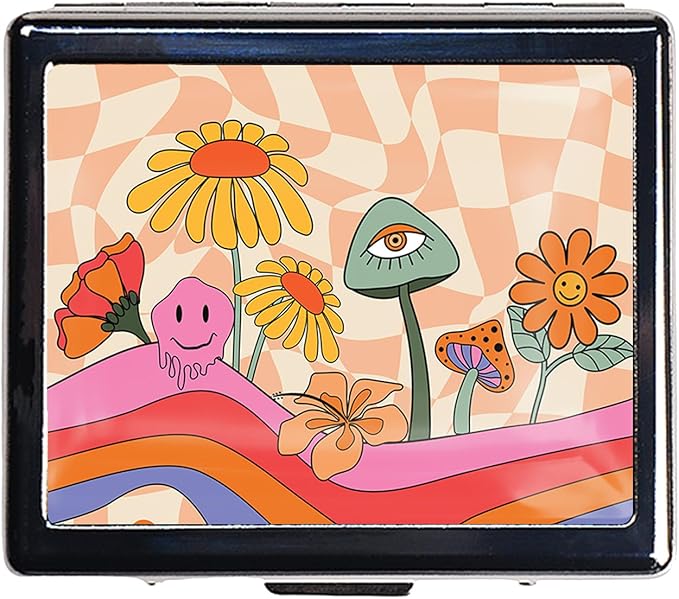 Silver Vintage Pill Box 7 Day Metal Pill Box with Mirror and 8 Compartments Cute Travel Pill Organizer for Purse (Rainbow Flowers)