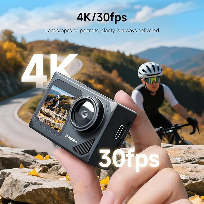 SVBONY SVGo2 Action Camera 4K30FPS 50MP, 5X Zoom Touch Screen Sports Camera, Waterproof Cameras,6-Axis EIS with Floating Selfie Stick, Wired Microphone, 2 Batteries, for Sports Vlog