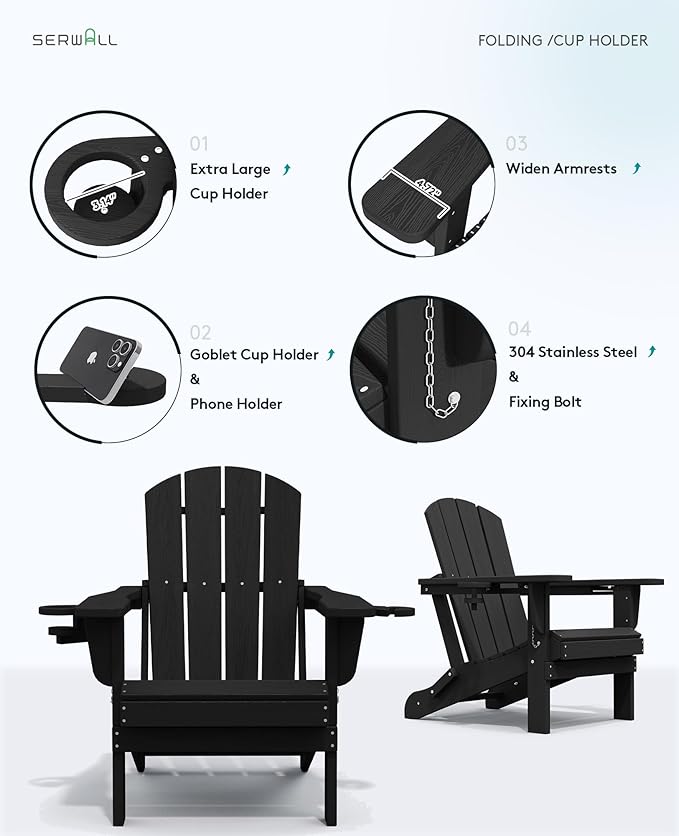 SERWALL HDPE Folding Adirondack Chair with Dual Cup Holder - Composite Adirondack Chair Set of 8- Black
