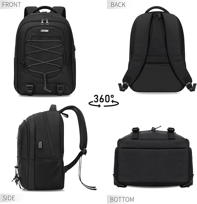 Black Backpack for Men, Backpack for School, School Backpacks for Boys Teens, 15.6 inch Laptop Back Pack with USB Charging Port, Large College Book Bag, Business Work Travel Bookbag