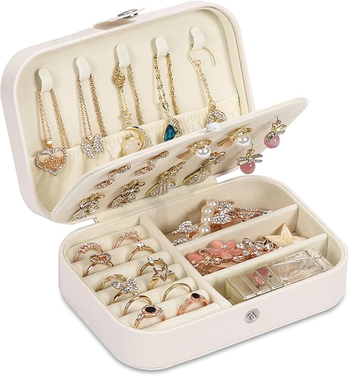 Travel Jewelry Box, PU leather Small Jewelry Organizer For Female Girls, double layer portable mini travel case for storing earrings, rings, necklaces.(White)