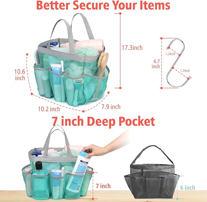 F-color Mesh Shower Caddy Portable - 2 Handles Upgrade Deeper 7 Pockets Basket Bag Tote for College Dorm Room Toiletry Bathroom Essentials Gym Camp Quick Dry with S Hook, 2 Pack, Black & Mint Green