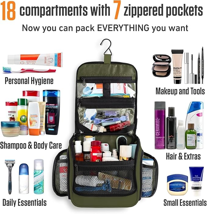 VENTURE 4TH Hanging Travel Toiletry Bag for Women & Men - Travel Organizer with Expandable Compartments & Removable Clear Pouch for Toiletries (Forest Green)