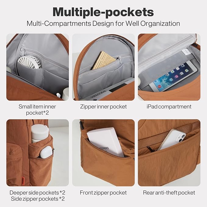 mixi Outdoor Lightweight Backpack Casual Carry On Laptop Backpack Travel Bookbag for Women Men, Water Resistant Durable Hiking Bag for Camping Weekender Sports College Work, 17 Inch, Brown