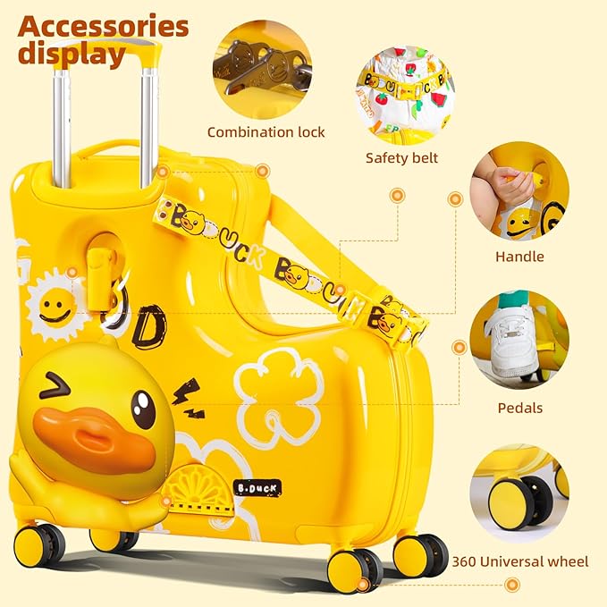 Kids' Lightweight Ride on Luggage with Spinner Wheels & Foldabe Design (Yellow Good, 24"+ Aged 3-12 Toddler)